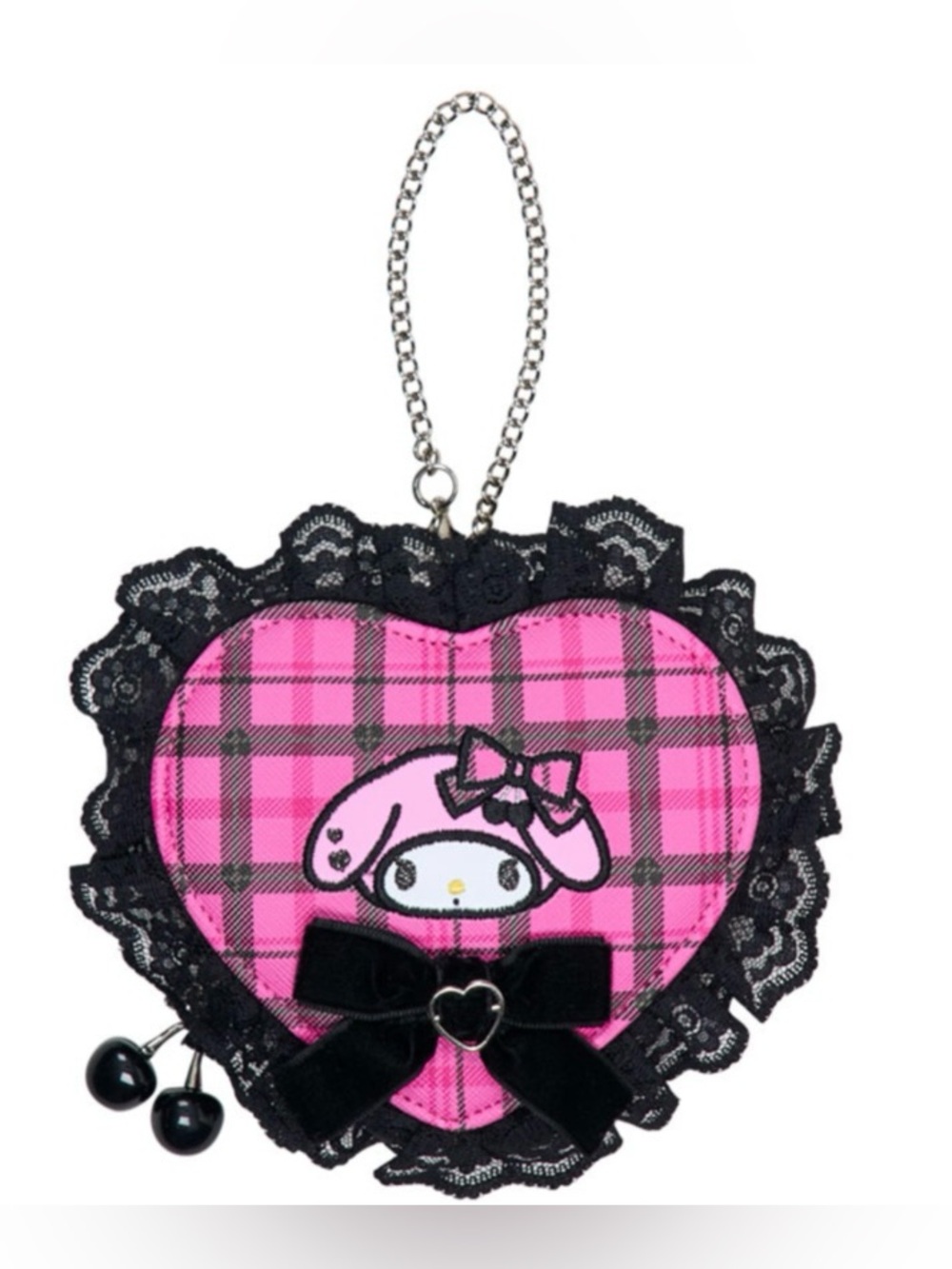My Melody Sweet Rock n Check Mini Pouch Bag Charm w Ribbons and Lace NWT